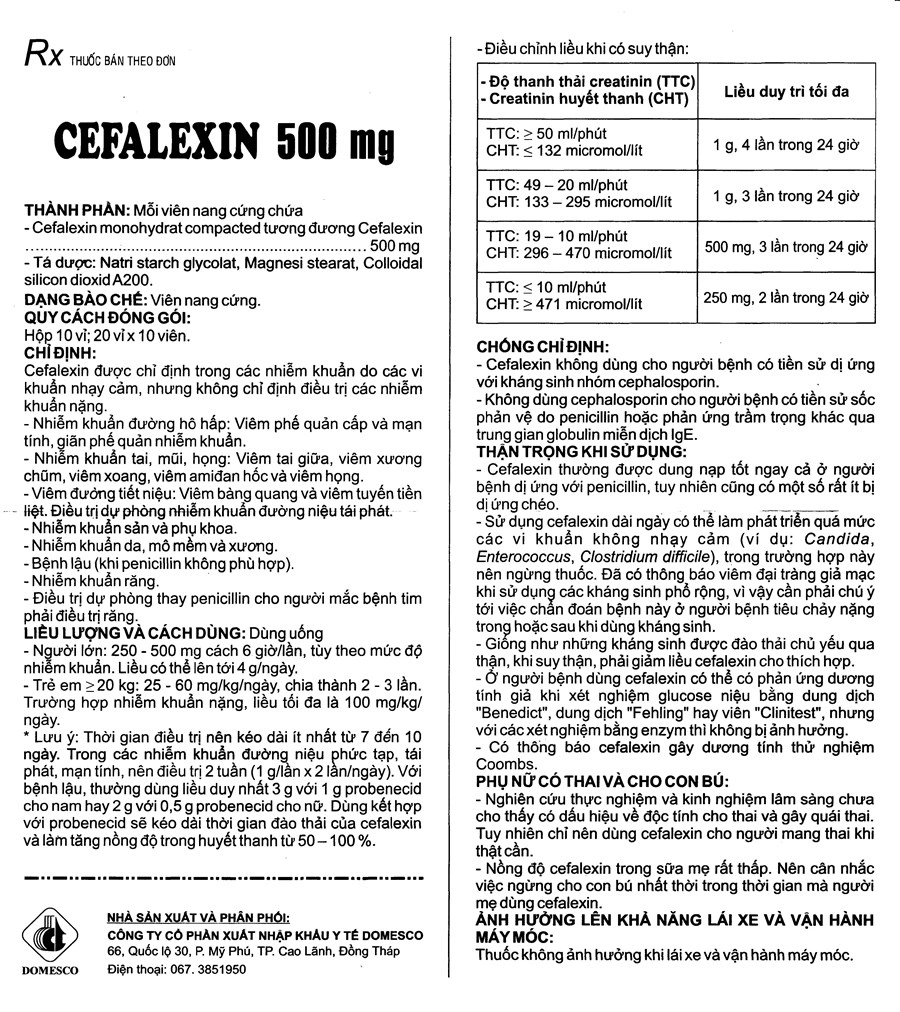 Cefalexin Domesco 500mg trị nhiễm khuẩn (10 vỉ x 10 viên) - 4